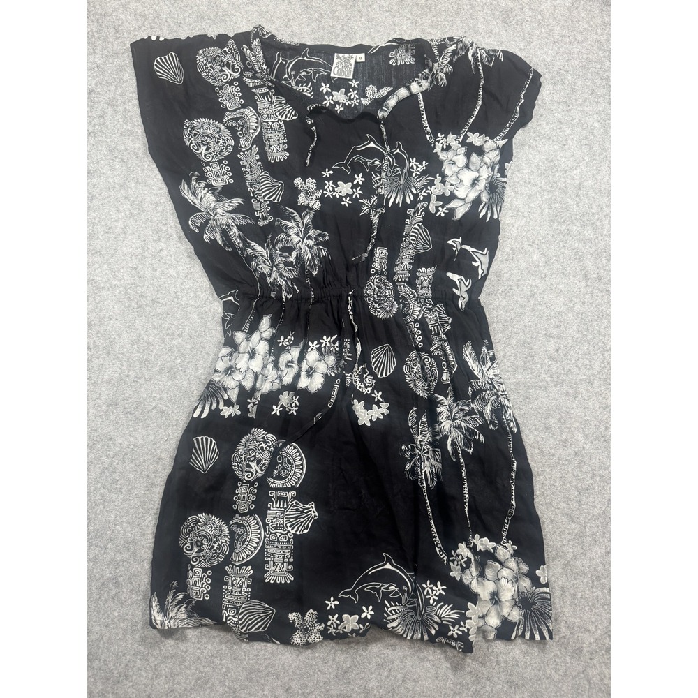 Cabali Tropical Print Mini Dress M Black White Dolphin Palm Tree Elastic Waist
